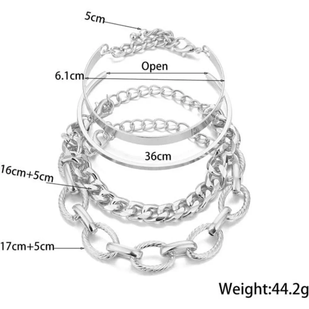 4-Piece Silver Bracelet Set for Women Chunky Chain, 2 Minimalist Cuff, and Rope